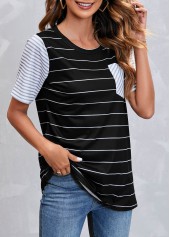 Black tops,Striped tops,Striped Pocket Short Sleeve Black T Shirt