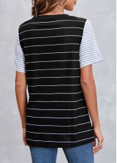 Black tops,Striped tops,Striped Pocket Short Sleeve Black T Shirt