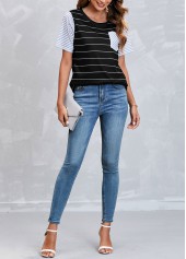 Black tops,Striped tops,Striped Pocket Short Sleeve Black T Shirt