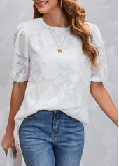 White tops,Plain Color tops,White Chiffon Floral Print Round Neck Blouse