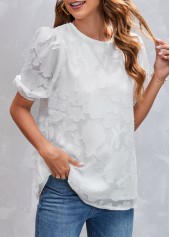 White tops,Plain Color tops,White Chiffon Floral Print Round Neck Blouse