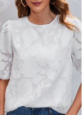 White tops,Plain Color tops,White Chiffon Floral Print Round Neck Blouse