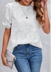 White tops,Plain Color tops,White Chiffon Floral Print Round Neck Blouse