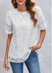 White tops,Plain Color tops,White Chiffon Floral Print Round Neck Blouse