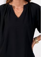 Black tops,Plain Color tops,Split Neck Black Half Sleeve Blouse