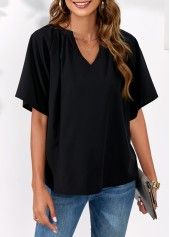 Black tops,Plain Color tops,Split Neck Black Half Sleeve Blouse