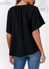 Black tops,Plain Color tops,Split Neck Black Half Sleeve Blouse