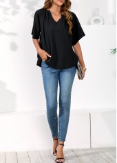 Black tops,Plain Color tops,Split Neck Black Half Sleeve Blouse