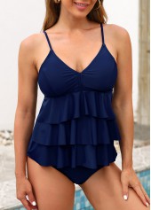 Layered Ruffle Hem Spaghetti Strap Navy Blue Tankini Set