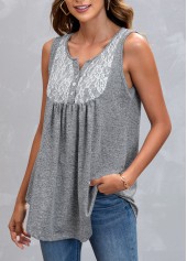 Plain Color tops,ROTITA Grey Marl Lace Stitching Tank Top