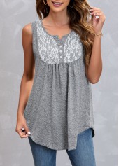 Plain Color tops,ROTITA Grey Marl Lace Stitching Tank Top