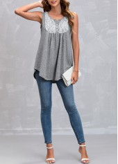 Plain Color tops,ROTITA Grey Marl Lace Stitching Tank Top