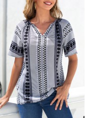 ROTITA Grey Tribal Print Split Neck Blouse