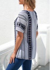 Grey tops,Tribal tops,ROTITA Grey Tribal Print Split Neck Blouse