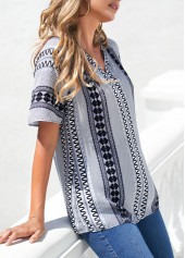 Grey tops,Tribal tops,ROTITA Grey Tribal Print Split Neck Blouse