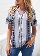 Grey tops,Tribal tops,ROTITA Grey Tribal Print Split Neck Blouse