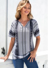 Grey tops,Tribal tops,ROTITA Grey Tribal Print Split Neck Blouse