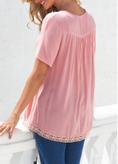 Dusty Pink tops,Plain Color tops,ROTITA Dusty Pink Crinkle Chest Lace Patchwork Blouse