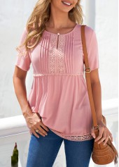 Dusty Pink tops,Plain Color tops,ROTITA Dusty Pink Crinkle Chest Lace Patchwork Blouse