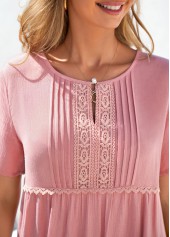 Dusty Pink tops,Plain Color tops,ROTITA Dusty Pink Crinkle Chest Lace Patchwork Blouse