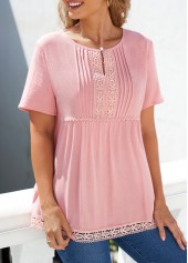 Dusty Pink tops,Plain Color tops,ROTITA Dusty Pink Crinkle Chest Lace Patchwork Blouse