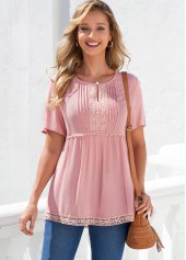 Dusty Pink tops,Plain Color tops,ROTITA Dusty Pink Crinkle Chest Lace Patchwork Blouse