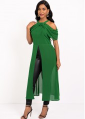 Green tops,Plain Color tops,ROTITA Cold Shoulder Green Front Slit Blouse