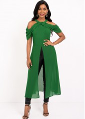 Green tops,Plain Color tops,ROTITA Cold Shoulder Green Front Slit Blouse