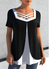 Black tops,Contrast Color tops,ROTITA Cross Strap Black Contrast T Shirt