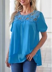 Plain Color tops,ROTITA Sky Blue Layered Hem Short Sleeve Blouse