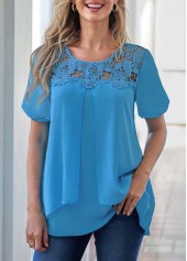 Plain Color tops,ROTITA Sky Blue Layered Hem Short Sleeve Blouse