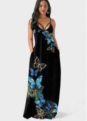 Black dresses,Animal Print dresses,ROTITA Butterfly Print Black Spaghetti Strap Dress