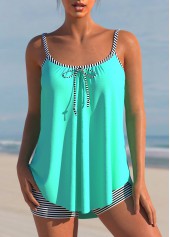 ROTITA Striped Bowknot Cyan Spaghetti Strap Tankini Set