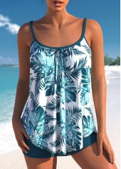 ROTITA Peacock Blue Tropical Print Tie Front Tankini Set