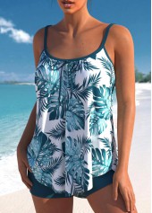 Peacock Blue swimwear,Plants swimwear,ROTITA Peacock Blue Tropical Print Tie Front Tankini Set
