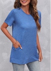 Royal Blue tops,Plain Color tops,Double Side Pockets V Neck Royal Blue T Shirt