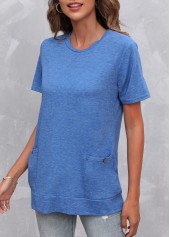 Royal Blue tops,Plain Color tops,Double Side Pockets V Neck Royal Blue T Shirt