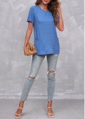 Royal Blue tops,Plain Color tops,Double Side Pockets V Neck Royal Blue T Shirt