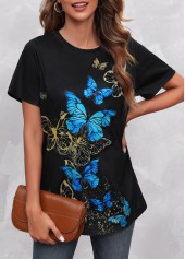 Black tops,Animal Print tops,Black Round Neck Butterfly Print T Shirt