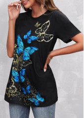Black tops,Animal Print tops,Black Round Neck Butterfly Print T Shirt