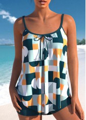 ROTITA Geometric Print Bowknot Green Tankini Set