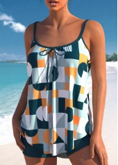 Green swimwear,Geometric swimwear,ROTITA Geometric Print Bowknot Green Tankini Set