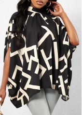 Geometric Print Black Mock Neck T Shirt