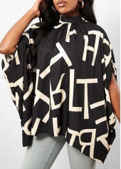 Black tops,Letter tops,Geometric Print Black Mock Neck T Shirt