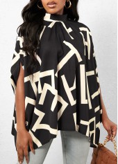 Black tops,Letter tops,Geometric Print Black Mock Neck T Shirt