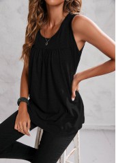 Black tops,Plain Color tops,Black Fold Round Neck Tank Top