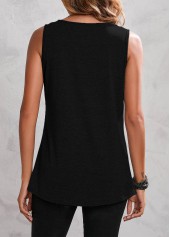 Black tops,Plain Color tops,Black Fold Round Neck Tank Top