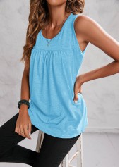 Plain Color tops,Light Blue Fold Round Neck Tank Top