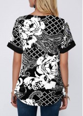 Black tops,Floral tops,ROTITA Paisley Print Split Neck Short Sleeve Black Blouse
