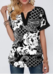 Black tops,Floral tops,ROTITA Paisley Print Split Neck Short Sleeve Black Blouse